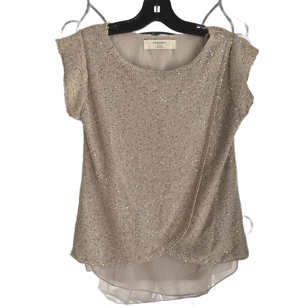 ZARA KNIT Women's Beige Sequin Knit Top with Sheer Hem - Small